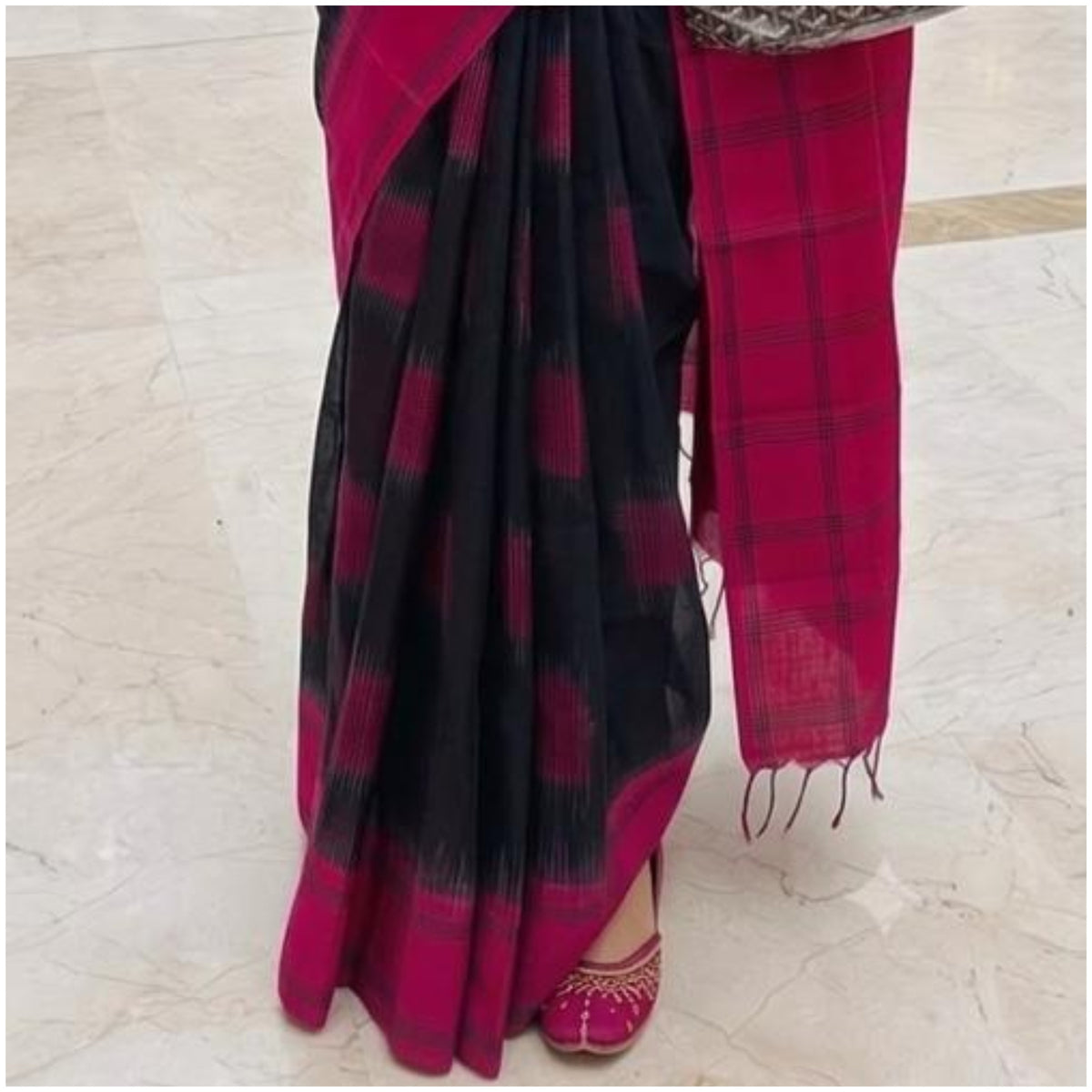 Black Pink Double Ikkat Cotton Saree