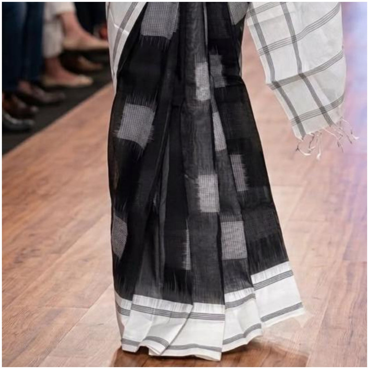 Black White Double Ikkat Cotton Saree