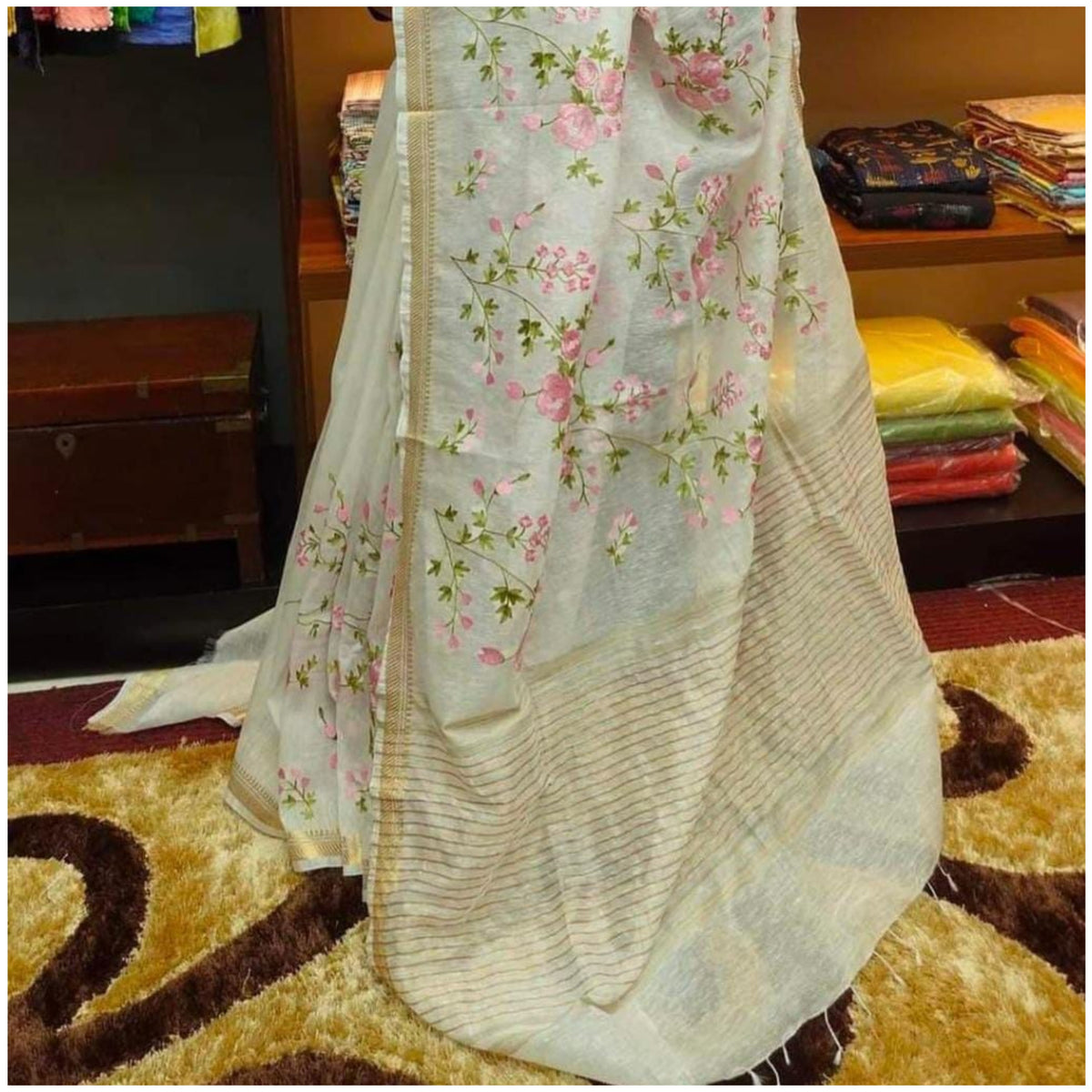 White Silk Linen Cotton Saree with Embroidery