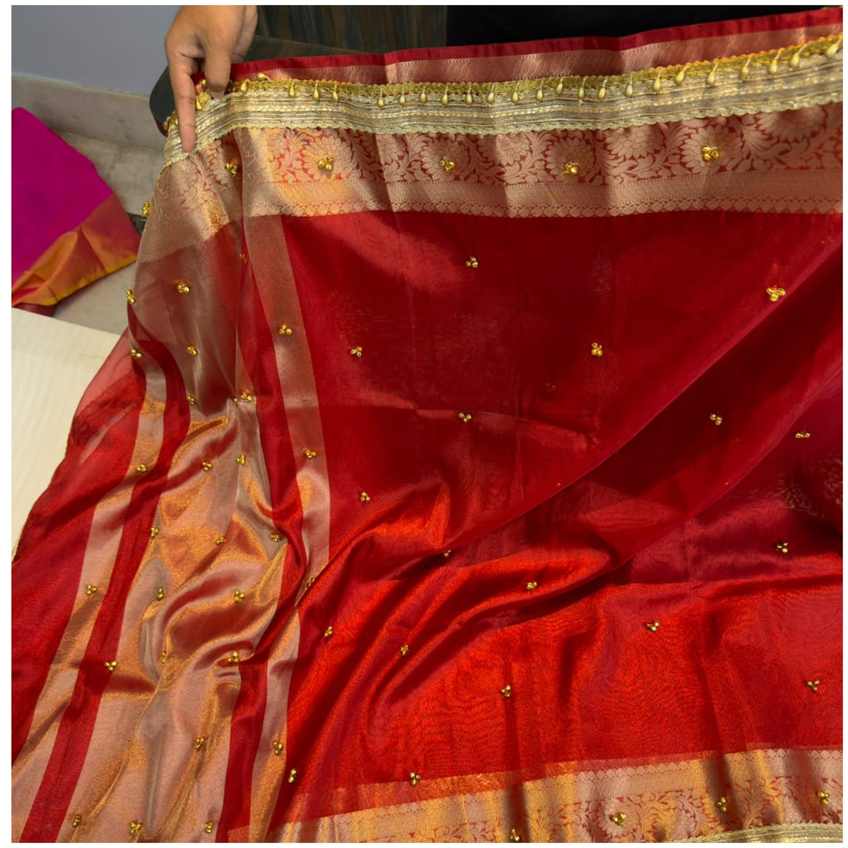 Red Soft Tissue Ghungroo Saree with Banarasi Border