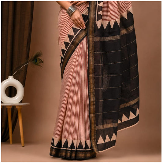 White Red Black Hand Block Printed Maheshwari Silk Saree