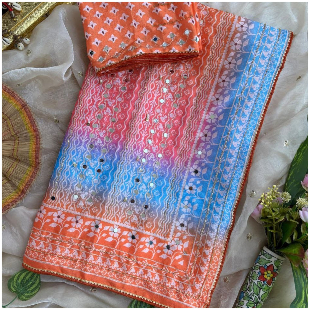 Orange Blue Pink Work Chinon Silk Saree
