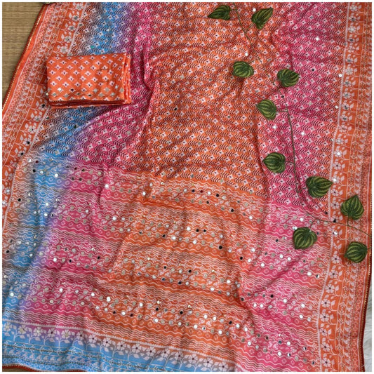 Orange Blue Pink Work Chinon Silk Saree