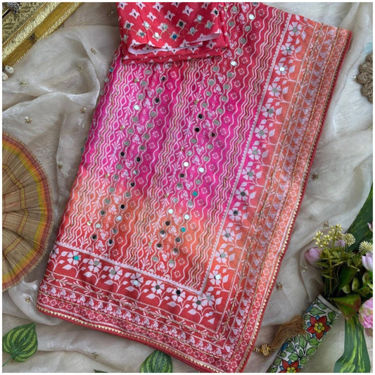 Red Orange Pink Work Chinon Silk Saree