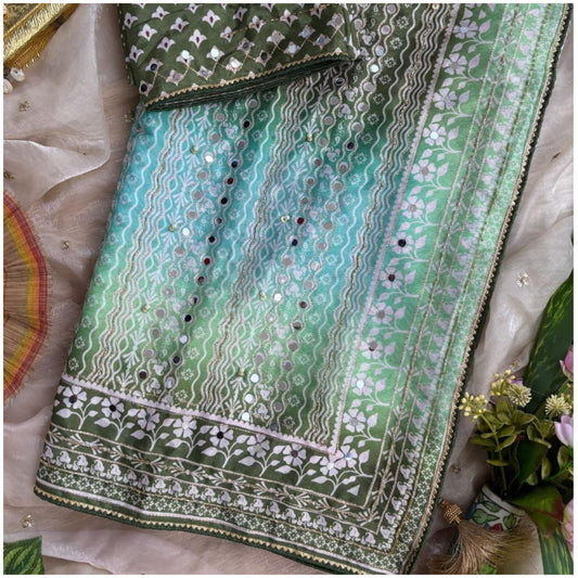 Green Blue Work Chinon Silk Saree