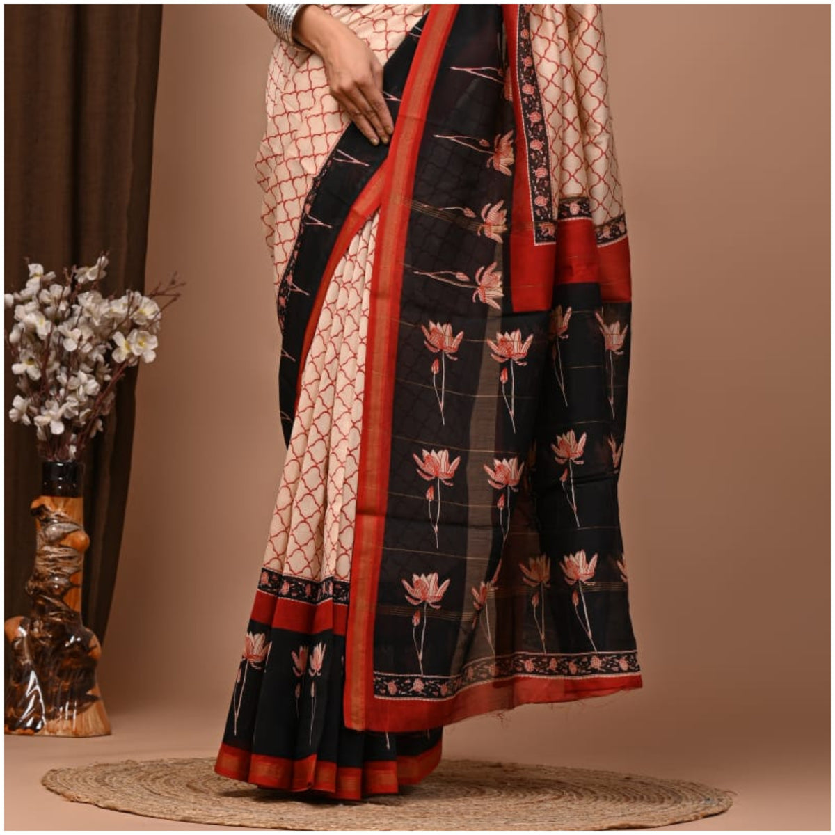 White Red Chanderi Silk Saree