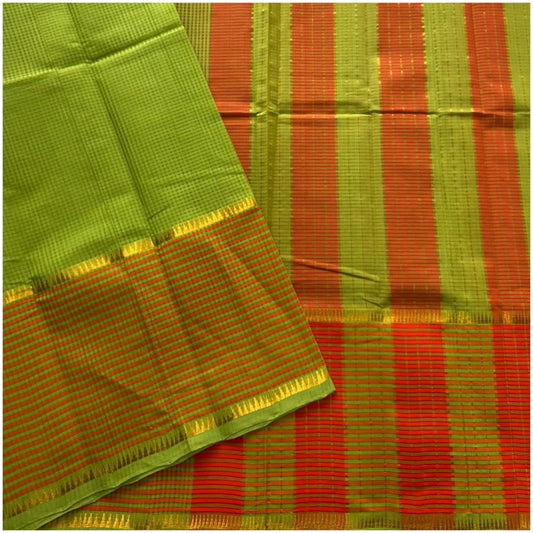 Lime Green Red Mangalagiri Cotton Saree