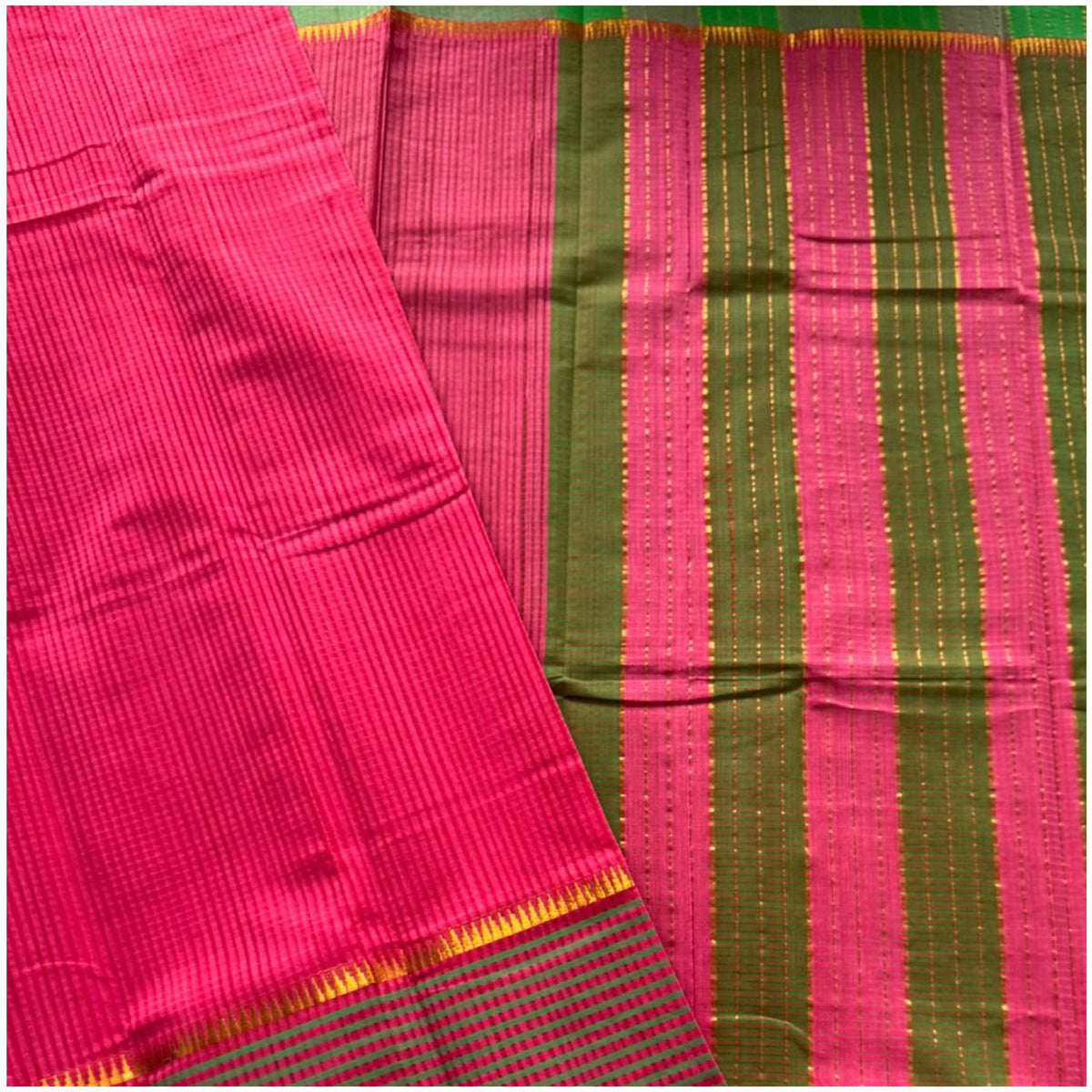 Rich Pink Green Mangalagiri Cotton Saree