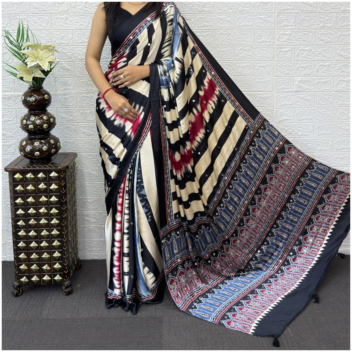 White Black Japan Satin Silk Saree with Mirror Work