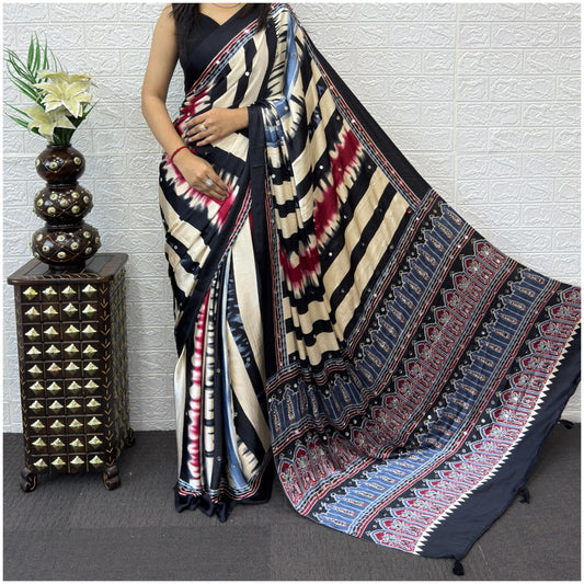 White Black Japan Satin Silk Saree with Mirror Work