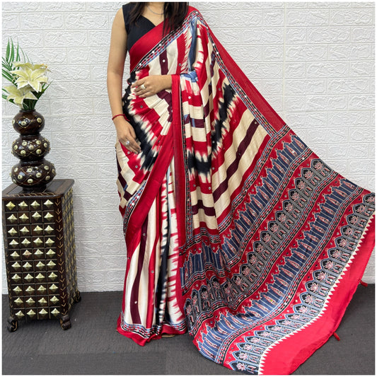 White Red Japan Satin Silk Saree with Mirror Work