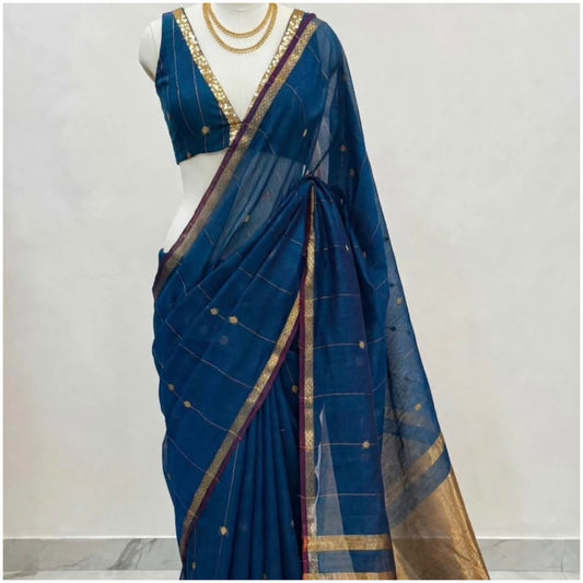Teal Blue Maheshwari Cotton Saree