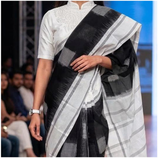 Black White Double Ikkat Cotton Saree
