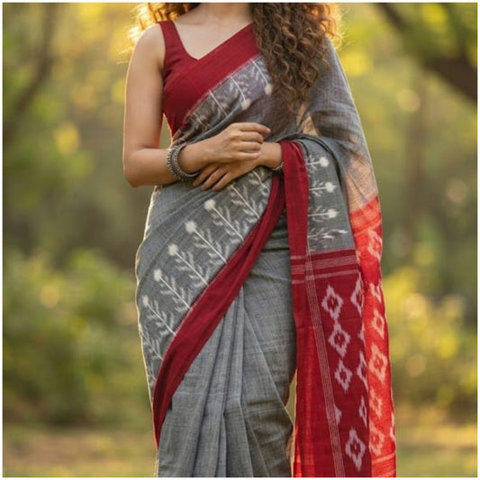 Grey Red Double Ikkat Cotton Saree