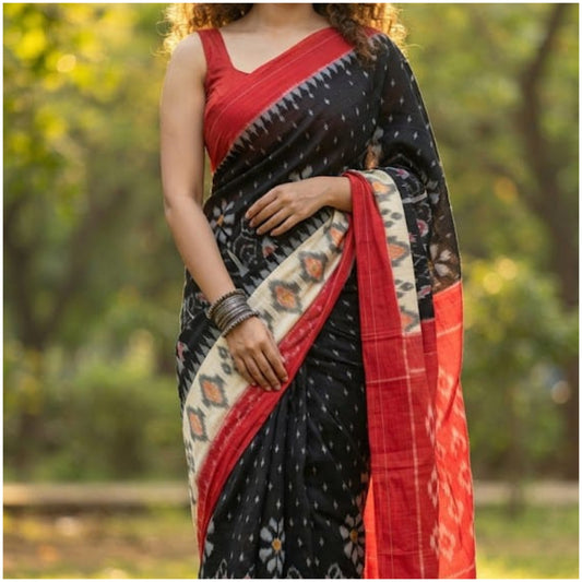 White Black Red Double Ikkat Cotton Saree