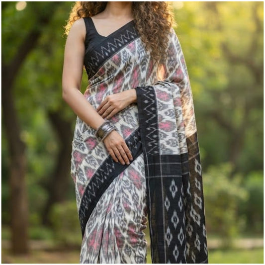 White Grey Black Double Ikkat Cotton Saree