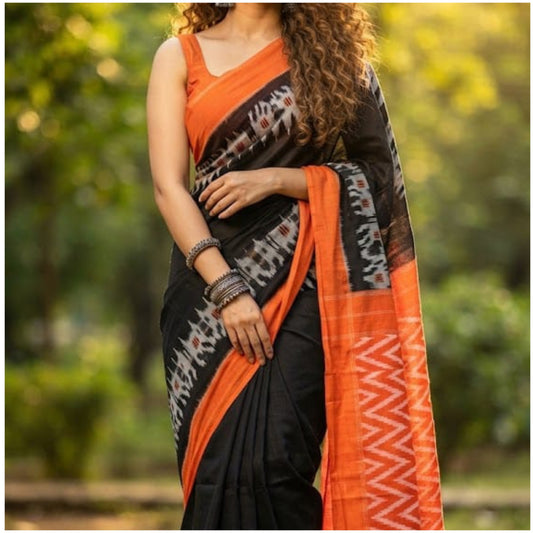 Black Orange Double Ikkat Cotton Saree