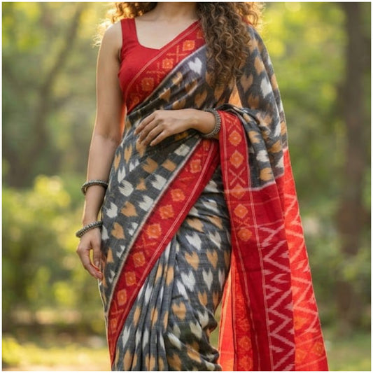 Grey Red Double Ikkat Cotton Saree