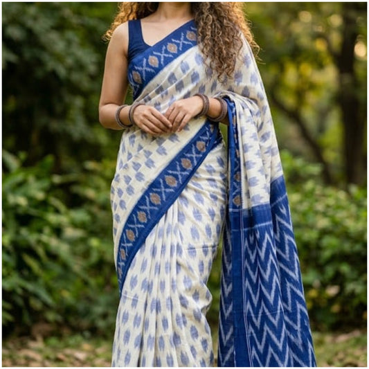 White Indigo Double Ikkat Cotton Saree