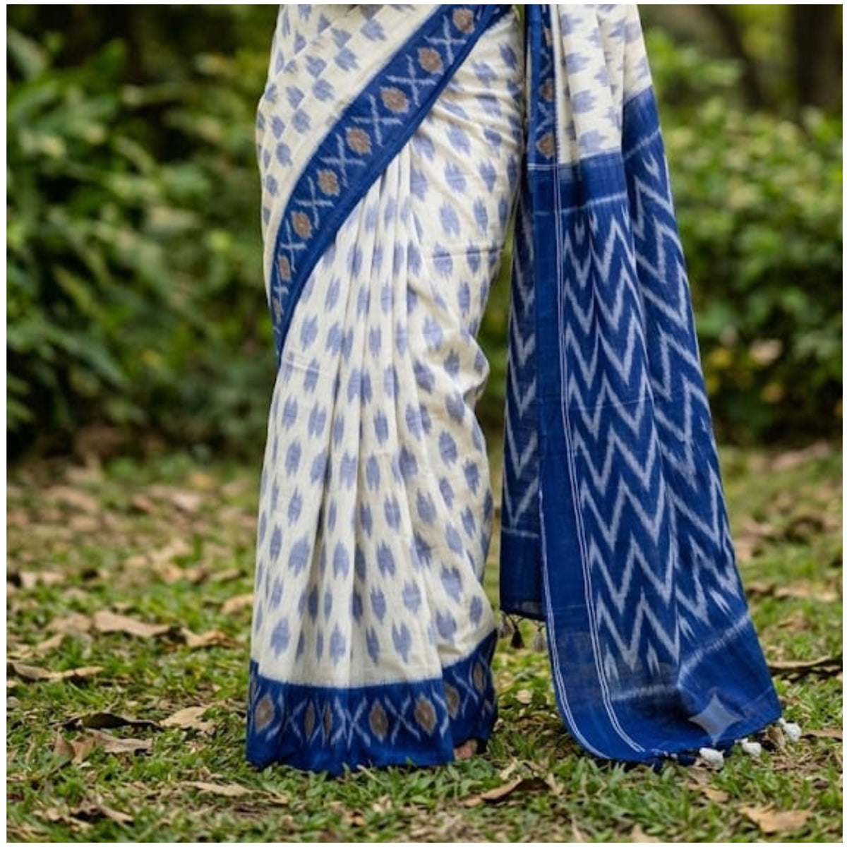 White Indigo Double Ikkat Cotton Saree