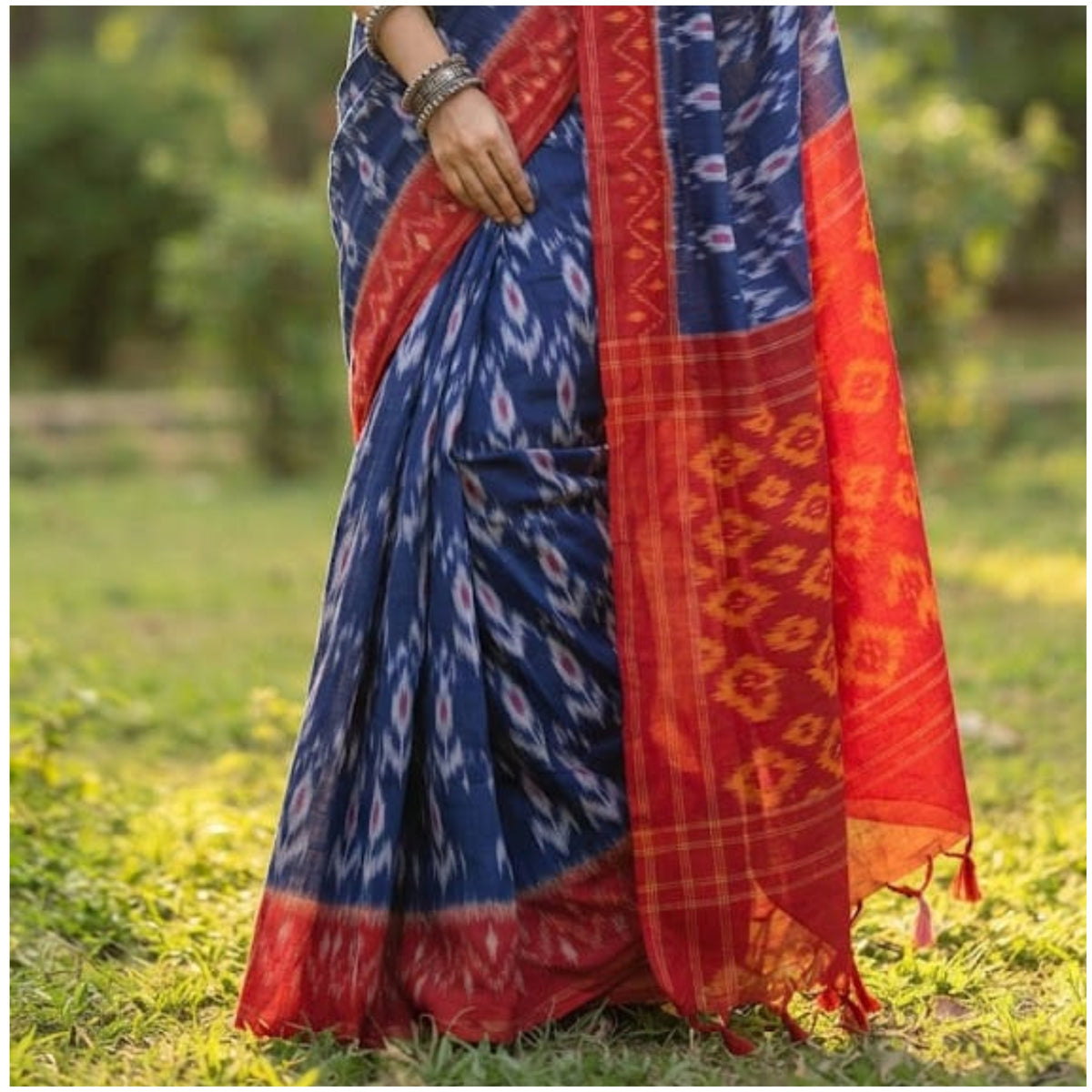 Indigo Red Double Ikkat Cotton Saree