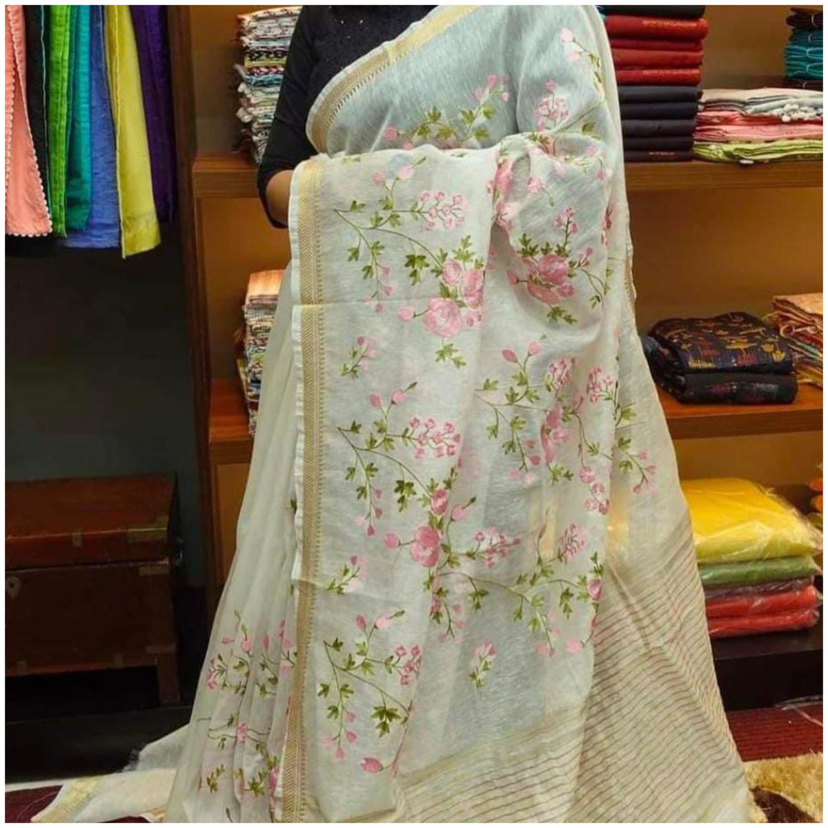 White Silk Linen Cotton Saree with Embroidery