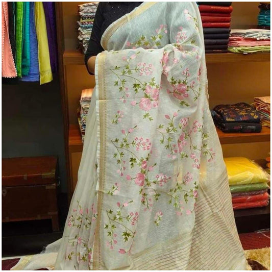 White Silk Linen Cotton Saree with Embroidery
