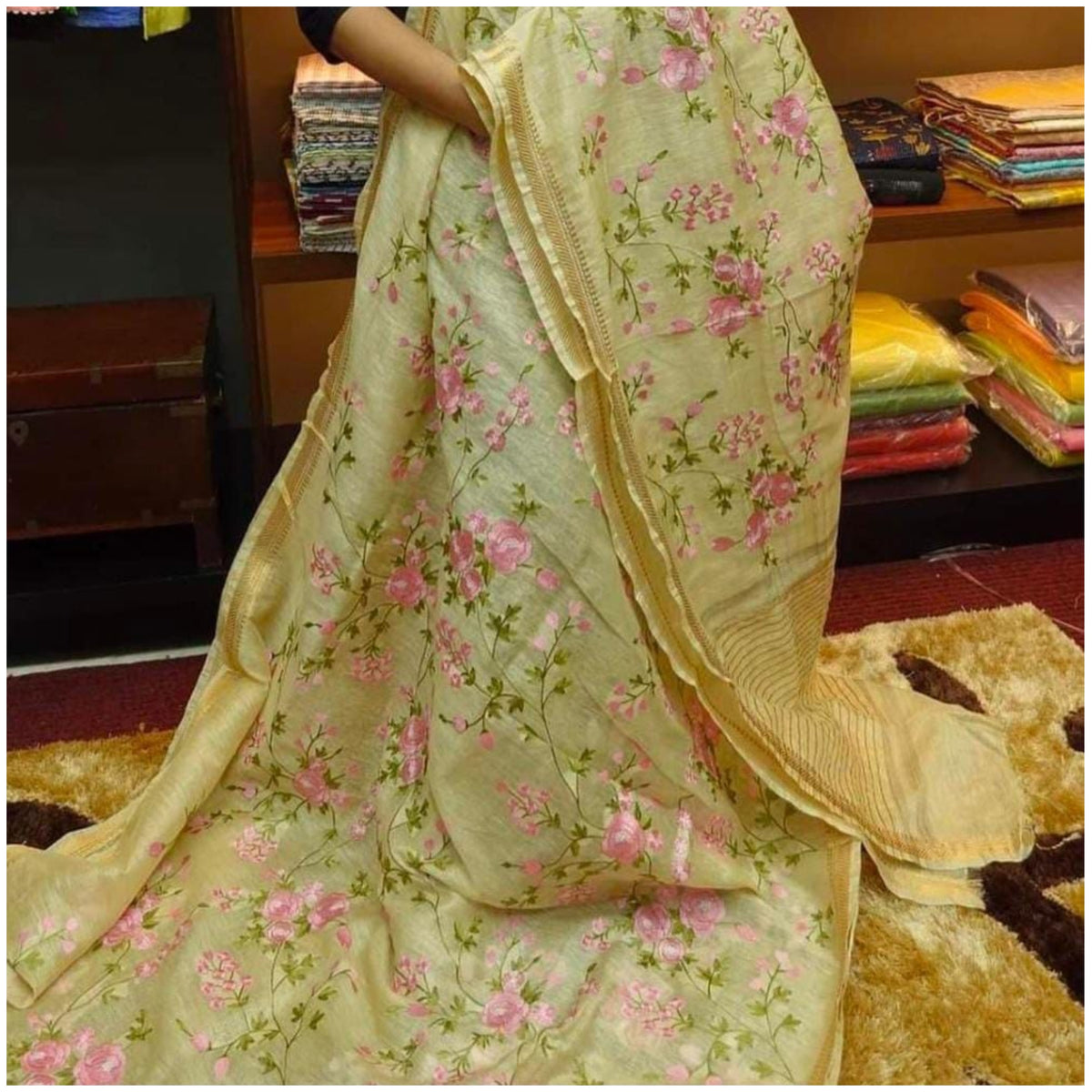Yellow Silk Linen Cotton Saree with Embroidery