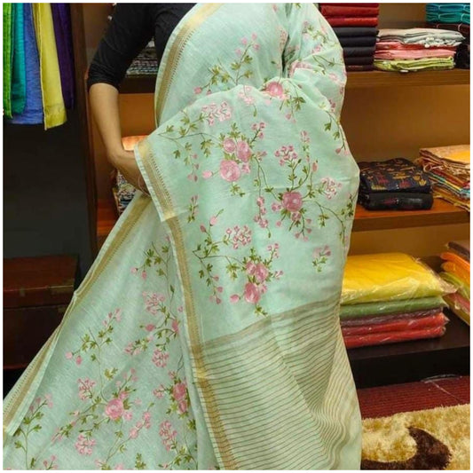 Pastel Green Silk Linen Cotton Saree with Embroidery