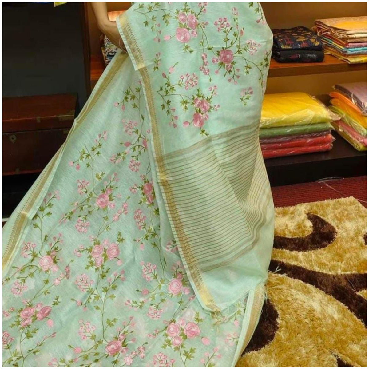 Pastel Green Silk Linen Cotton Saree with Embroidery