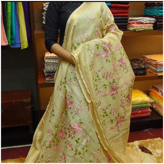 Yellow Silk Linen Cotton Saree with Embroidery