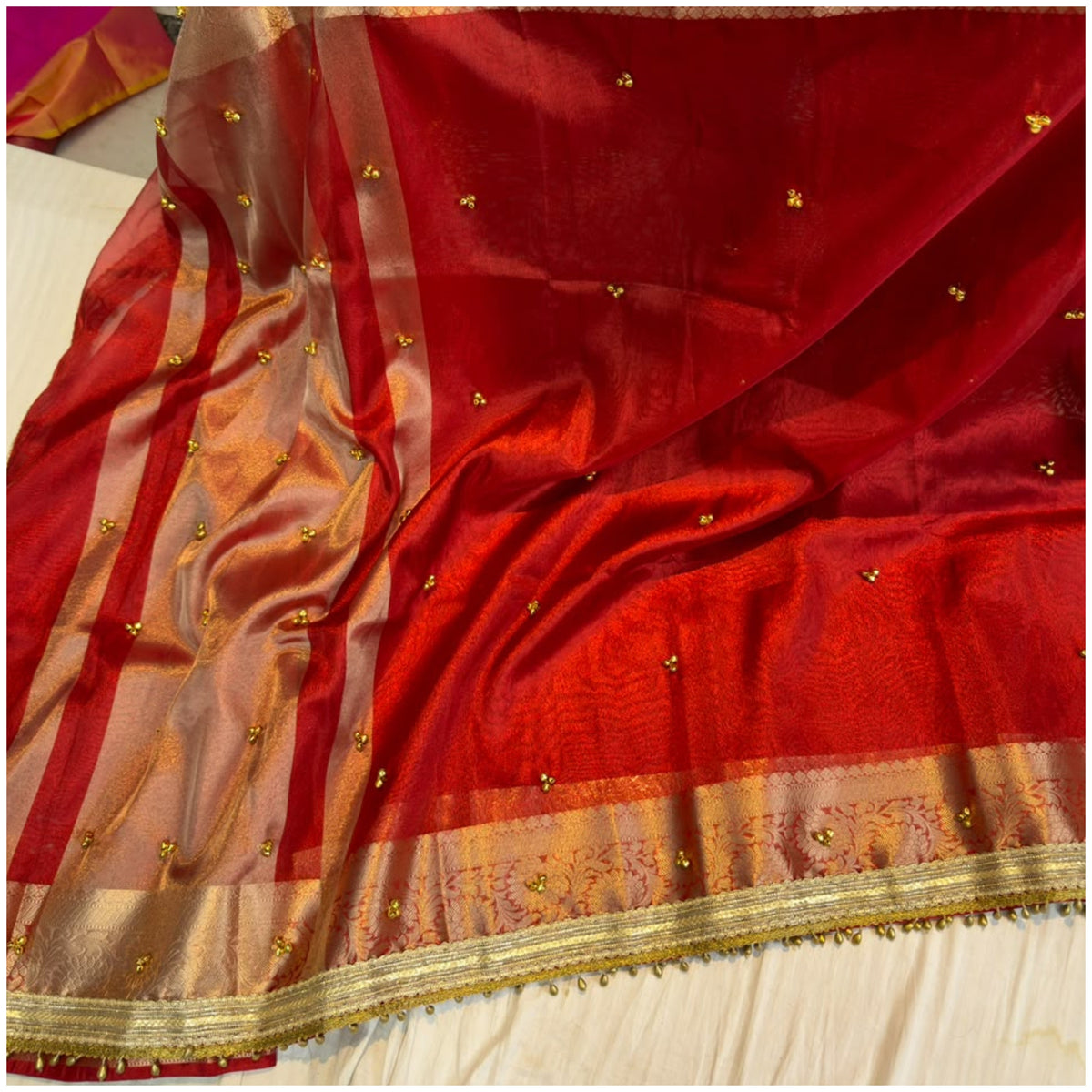 Red Soft Tissue Ghungroo Saree with Banarasi Border