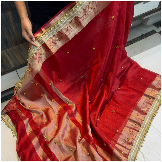 Red Soft Tissue Ghungroo Saree with Banarasi Border