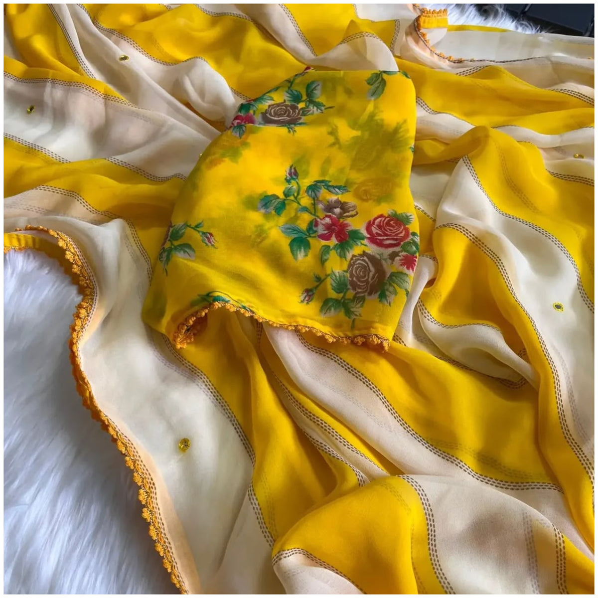 Yellow White Georgette Mirror Work Saree
