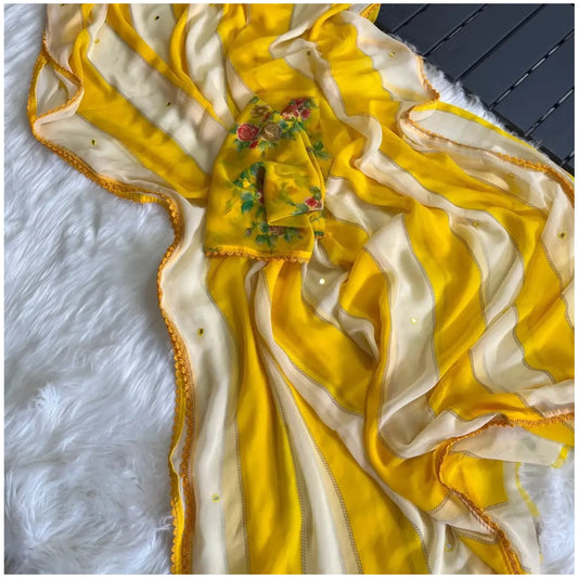 Yellow White Georgette Mirror Work Saree