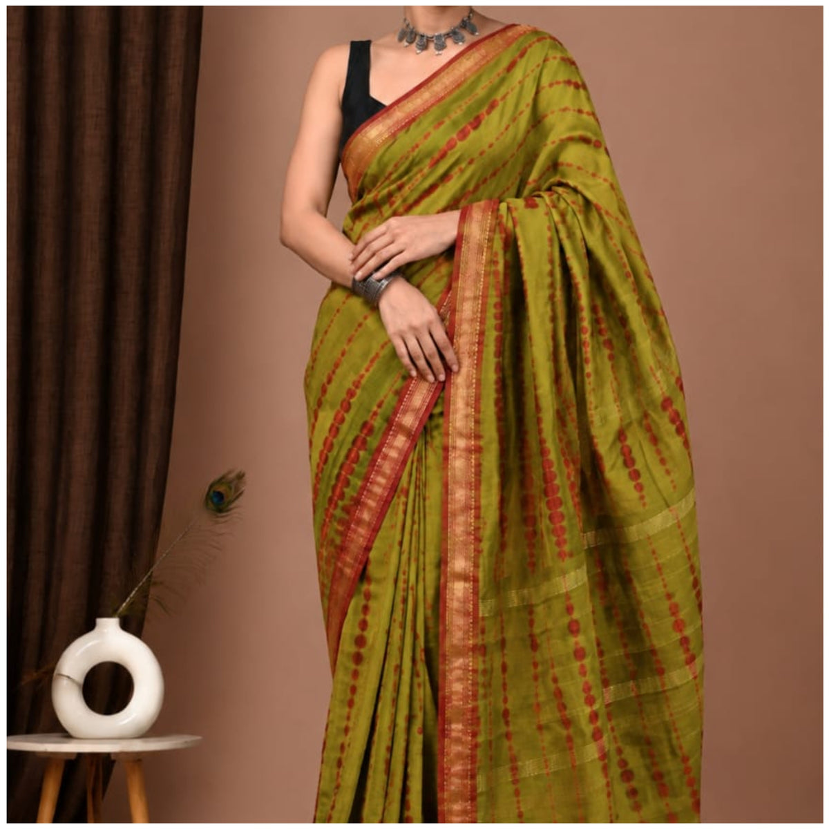 Green Hand Block Printed Maheshwari Silk Saree
