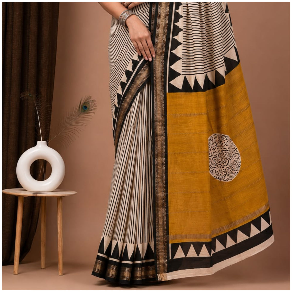 White Mustard Hand Block Printed Maheshwari Silk Saree