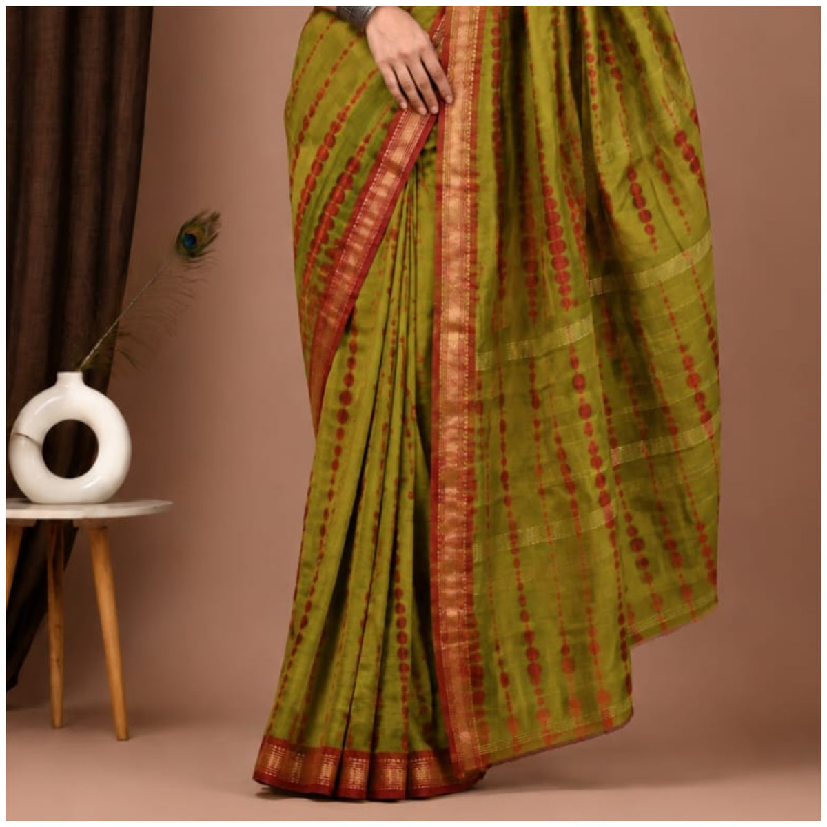 Green Hand Block Printed Maheshwari Silk Saree