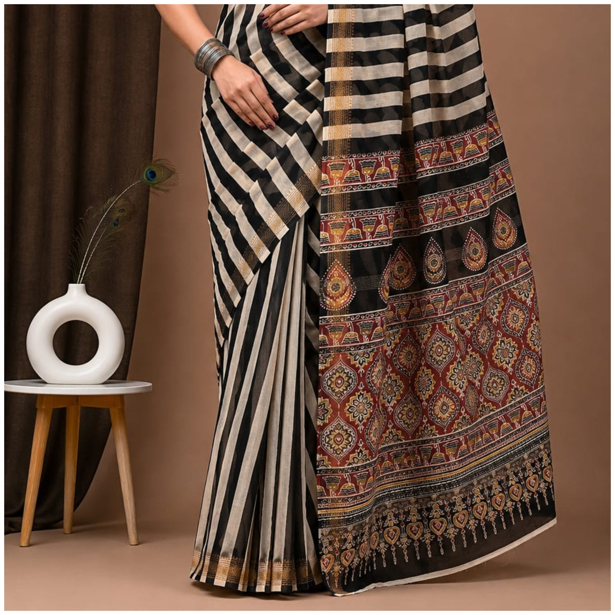 White Black Striped Hand Block Printed Maheshwari Silk Saree