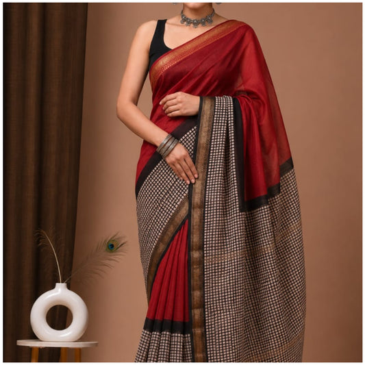 Red Black Hand Block Printed Maheshwari Silk Saree