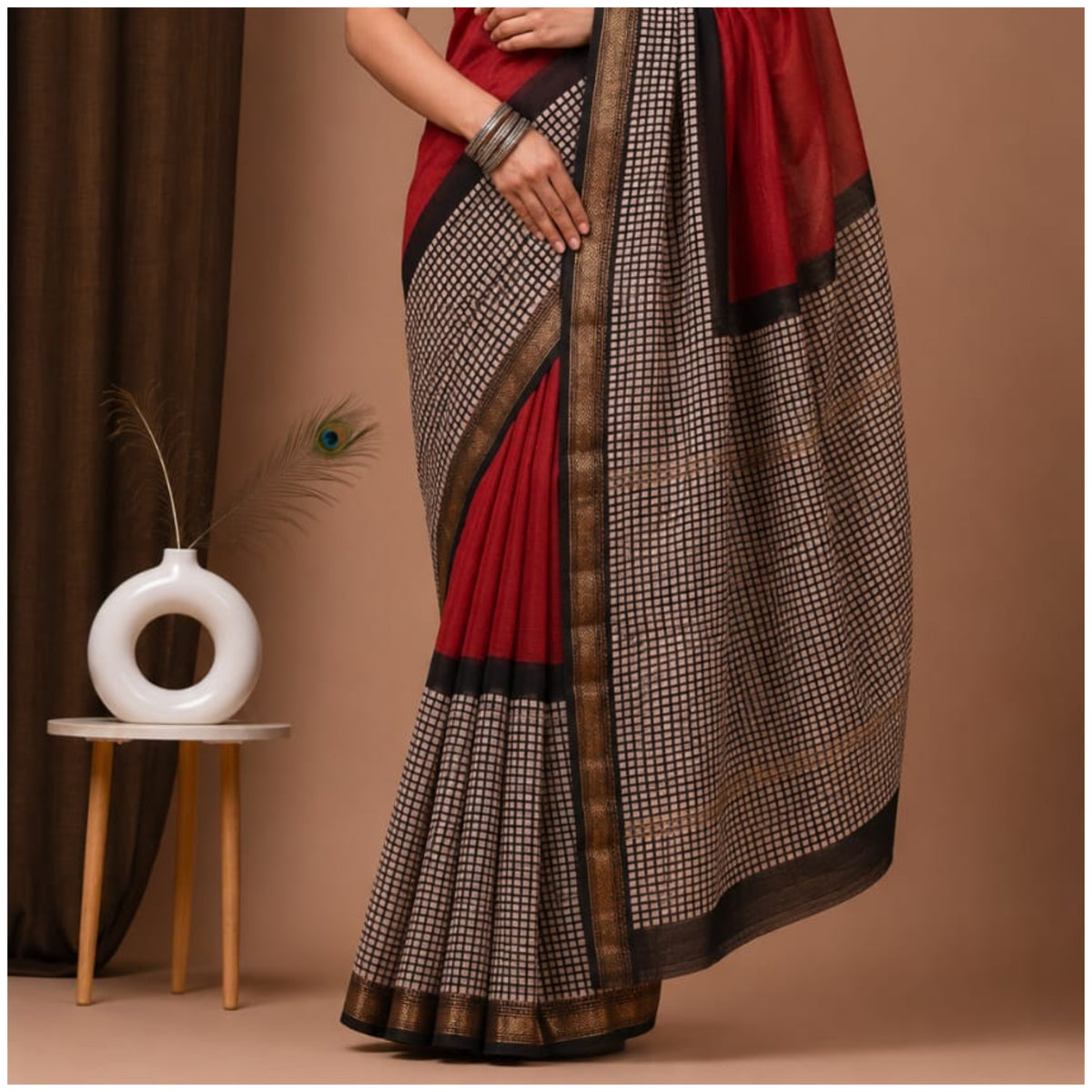 Red Black Hand Block Printed Maheshwari Silk Saree