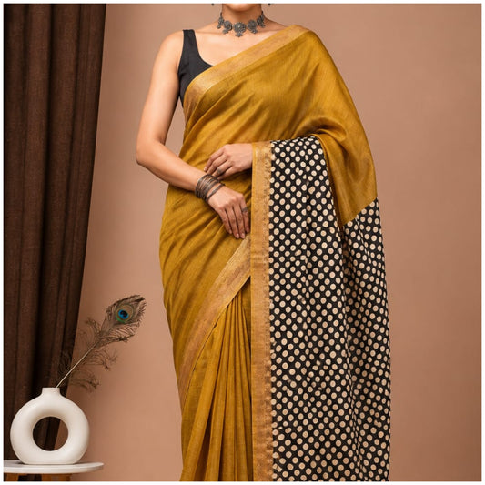 Mustard Black Hand Block Printed Maheshwari Silk Saree