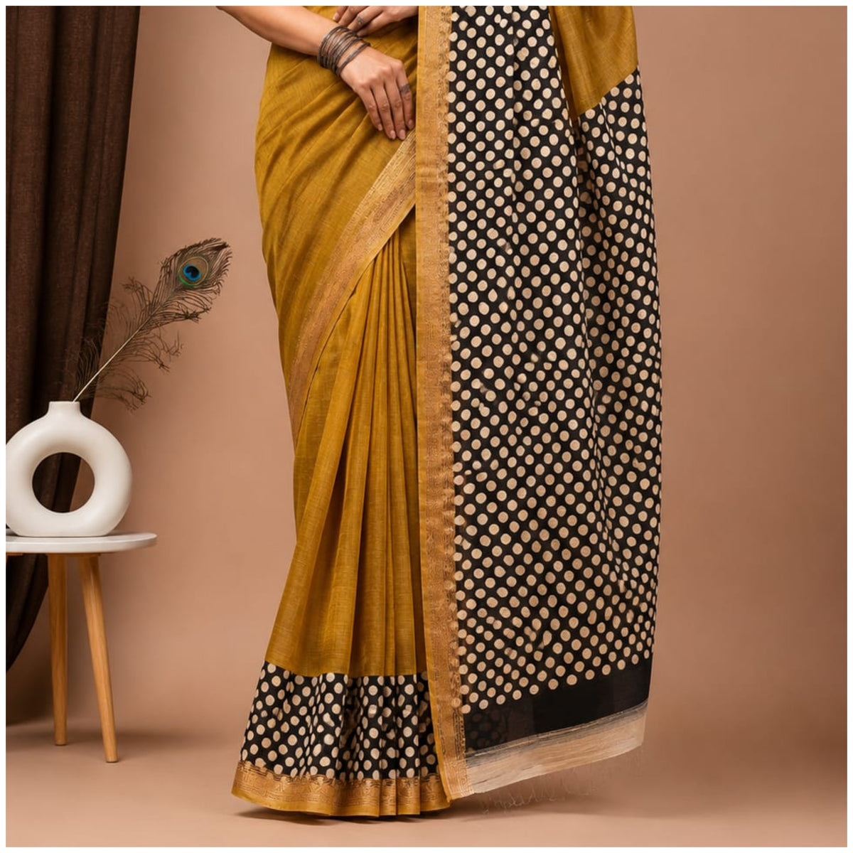 Mustard Black Hand Block Printed Maheshwari Silk Saree