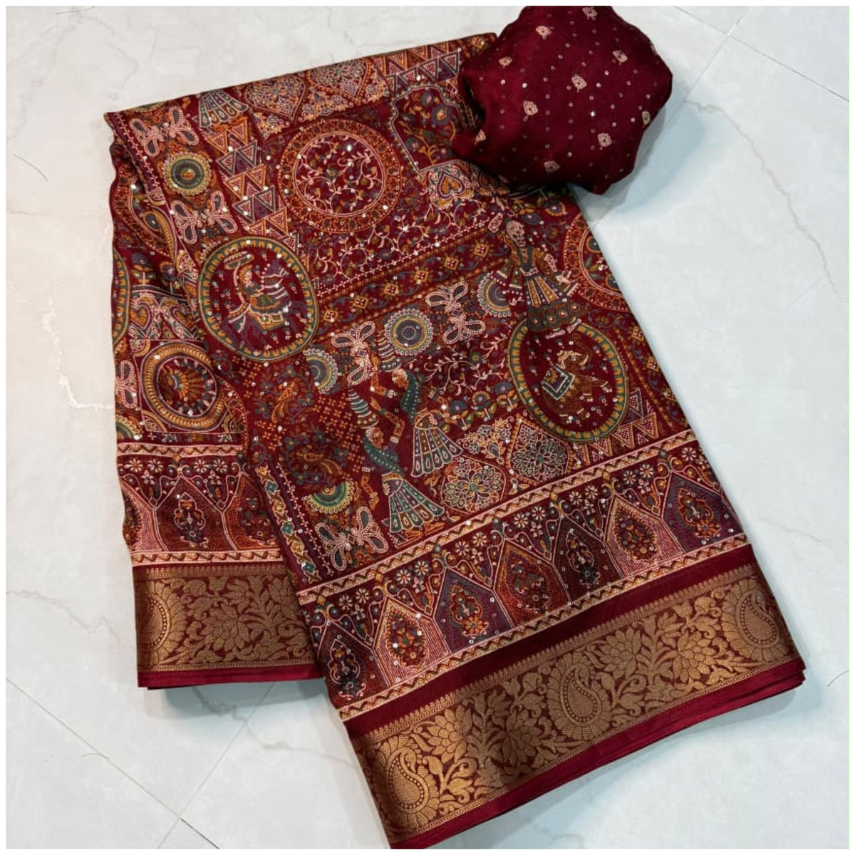 Red Sequin Work Marshmello Silk Saree