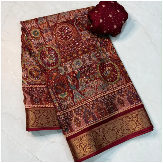 Red Sequin Work Marshmello Silk Saree
