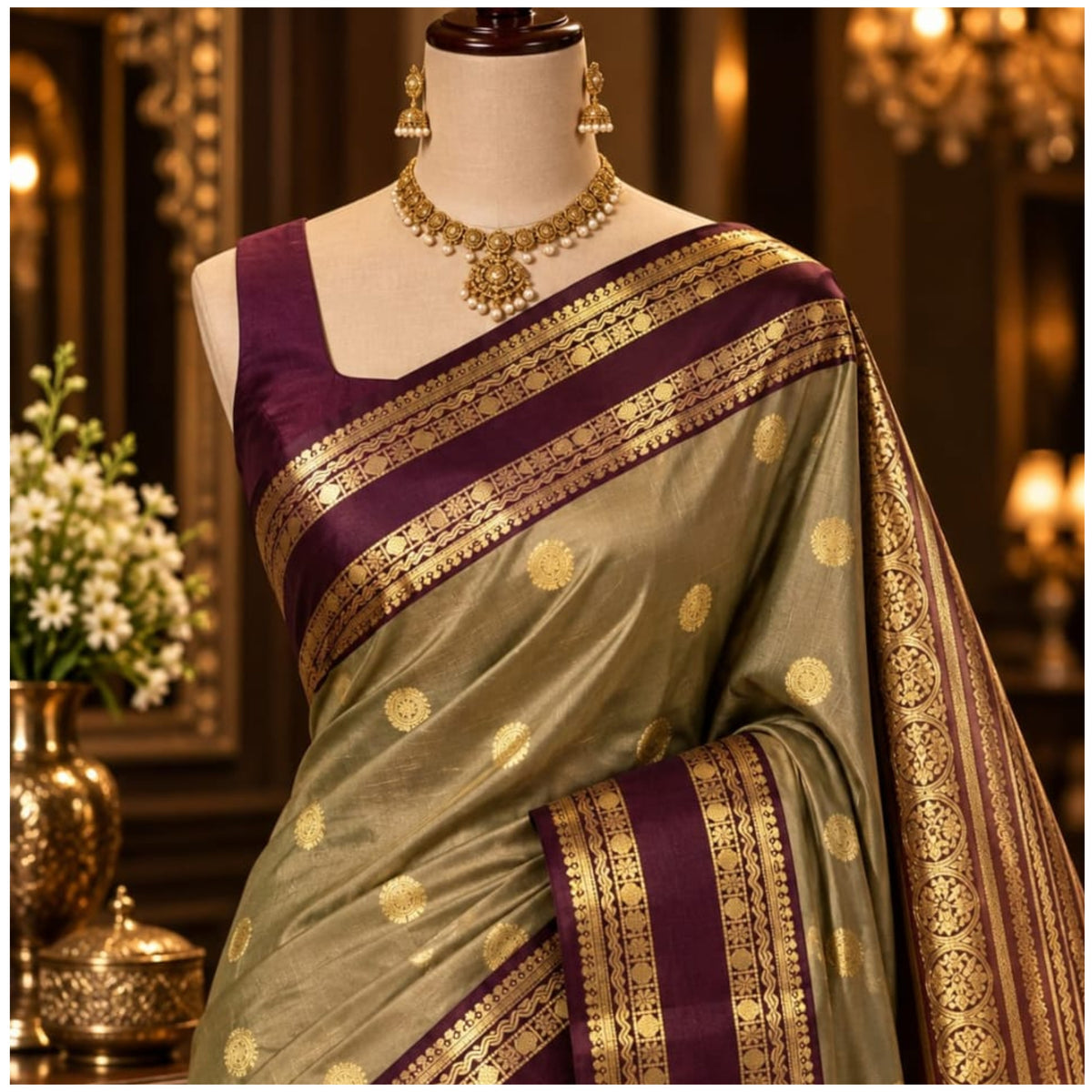 Olive Grey Maroon Banarasi Katan Silk Saree