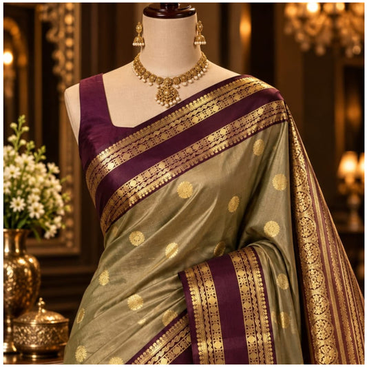 Olive Grey Maroon Banarasi Katan Silk Saree