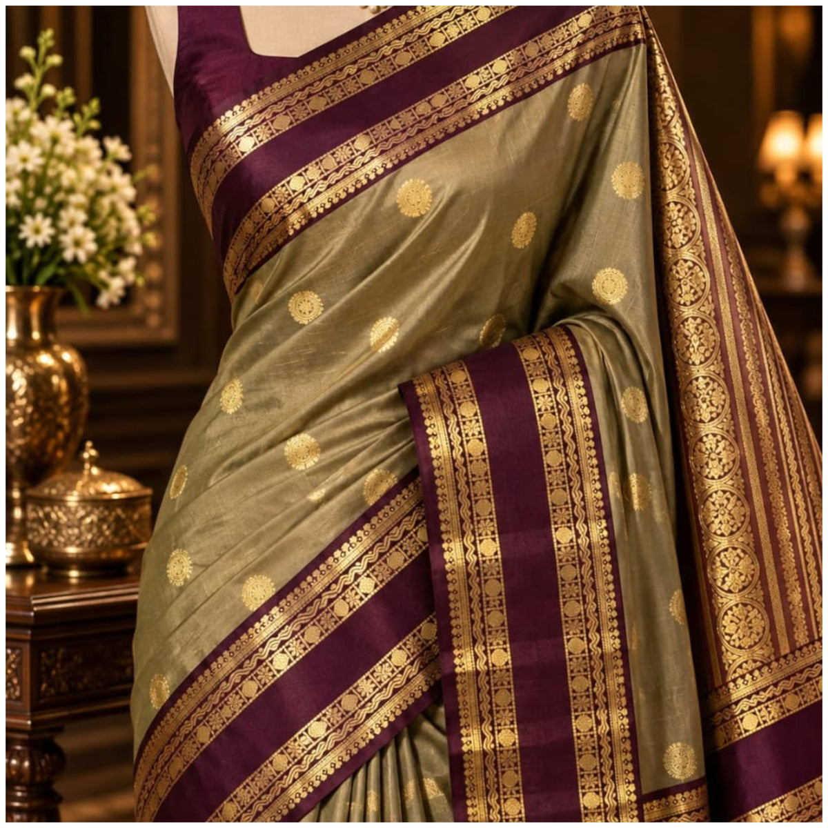 Olive Grey Maroon Banarasi Katan Silk Saree