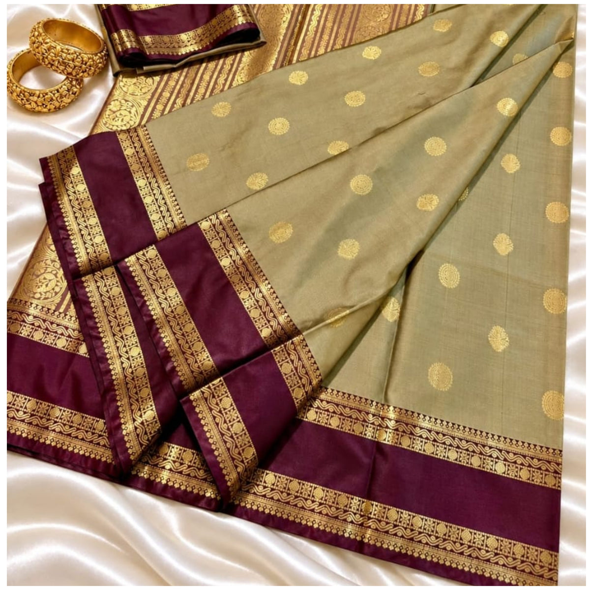 Olive Grey Maroon Banarasi Katan Silk Saree