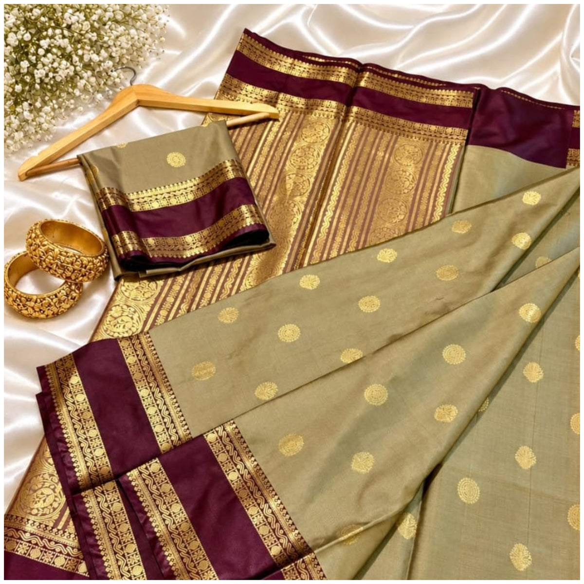 Olive Grey Maroon Banarasi Katan Silk Saree